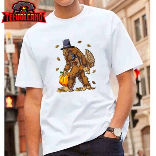 Bigfoot Pilgrim Turkey Pumpkin Thanksgiving Day Boys Men T-Shirt