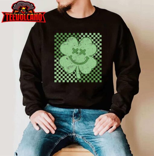 Groovy Retro Lucky Shamrock Face Funny St Patricks Day T-Shirt