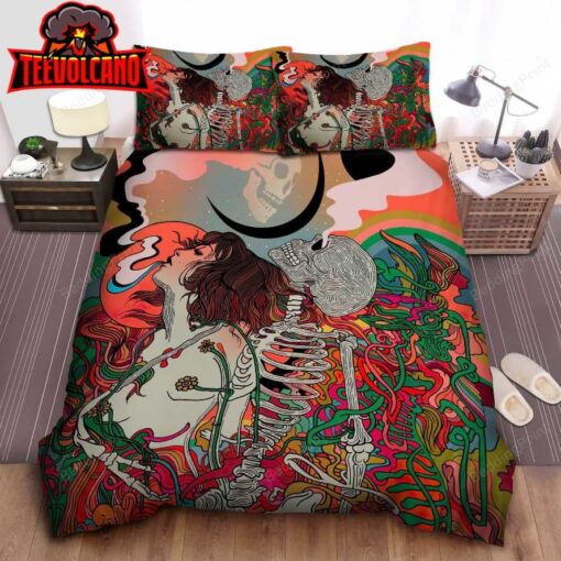 Hippie Girl And Skeleton Smoking Weed Psychedelic Art Bed Sheets Spread Duvet Cover Bedding Sets