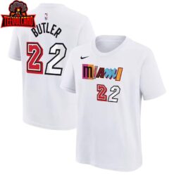 Youth Miami Heat Jimmy Butler White 2022-23 City Edition Name & Number T-Shirt