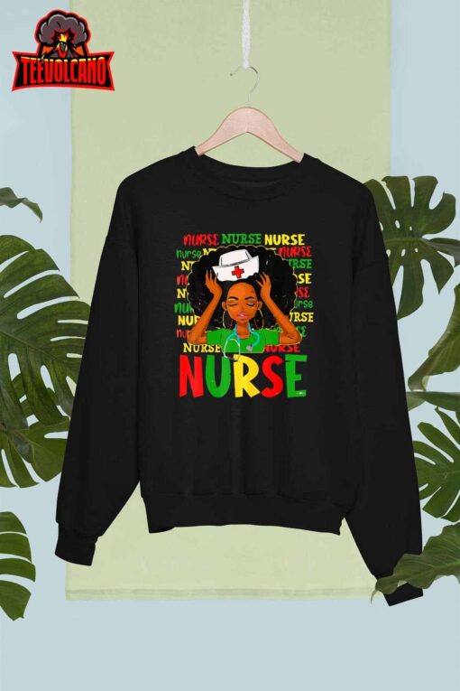 Black Woman Nurse Afro Retro Juneteenth Black History Month T-Shirt