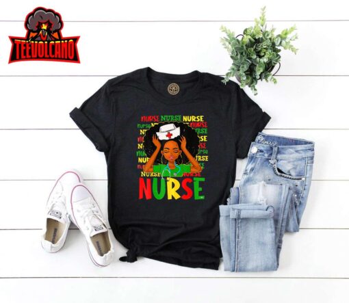 Black Woman Nurse Afro Retro Juneteenth Black History Month T-Shirt