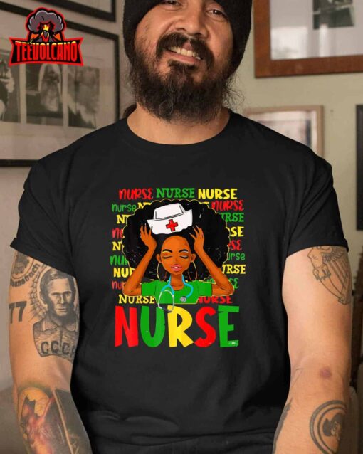 Black Woman Nurse Afro Retro Juneteenth Black History Month T-Shirt