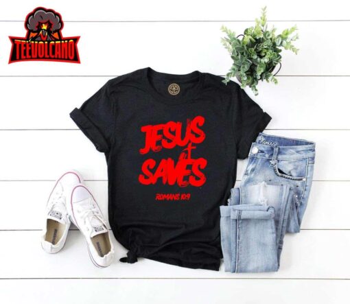 Jesus Saves Christian Faith Bold Red Letters and Cross Cute Premium T-Shirt