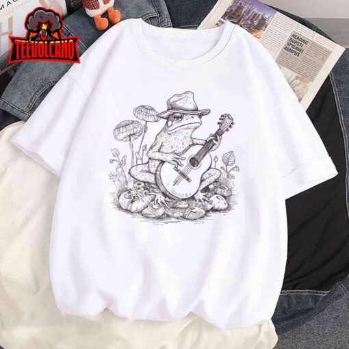 Vintage Cottagecore Aesthetic Frog Mushroom Playing Banjo T-Shirt