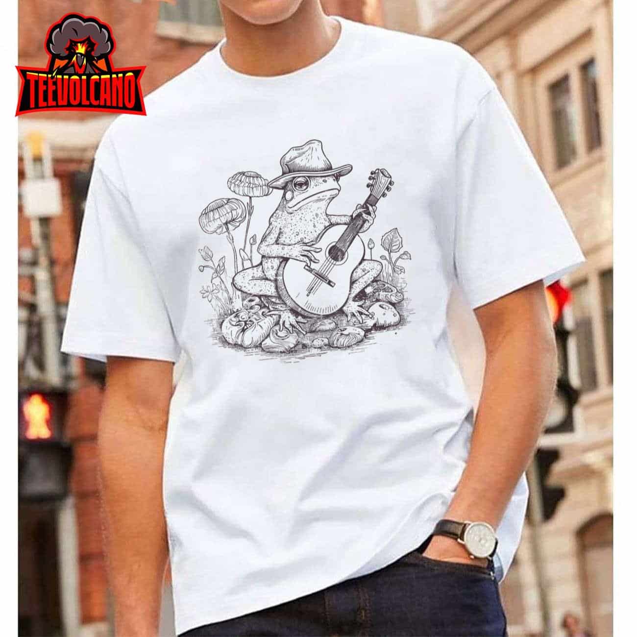 Cottagecore Aesthetic Frog Playing Banjo on Mushroom Cute TShirt