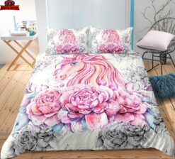 3D Beautiful Unicorn With Flowers Duvet Cover Bedding Sets