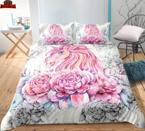 3D Beautiful Unicorn With Flowers Duvet Cover Bedding Sets