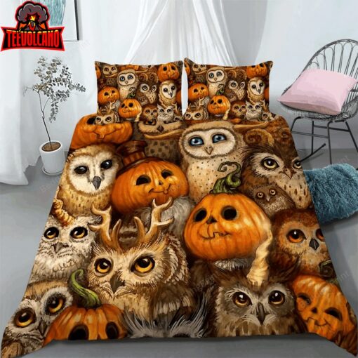 3D Halloween Owl Pumpkin Bed Sheets Duvet Cover Bedding Sets