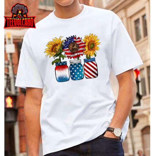 America Sunflower USA Flag Flower T For American 4th Of July T-Shirt