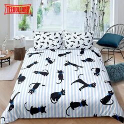 Black Cat Blue Stripes Duvet Cover Bedding Sets