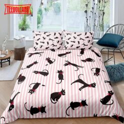 Black Cat Cute Pink Stripes Duvet Cover Bedding Sets