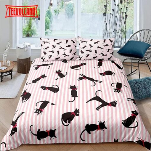 Black Cat Cute Pink Stripes Duvet Cover Bedding Sets