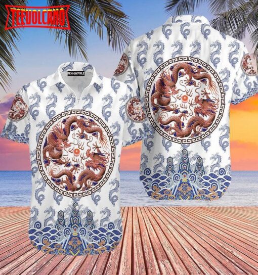 Chinoiserie Dragon White Hawaiian Shirt