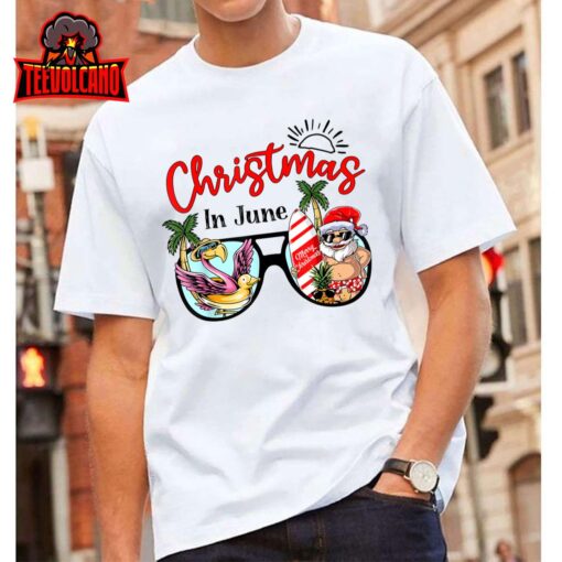 Christmas In June Sunglasses Santa Flamingo Summer Vacation T-Shirt