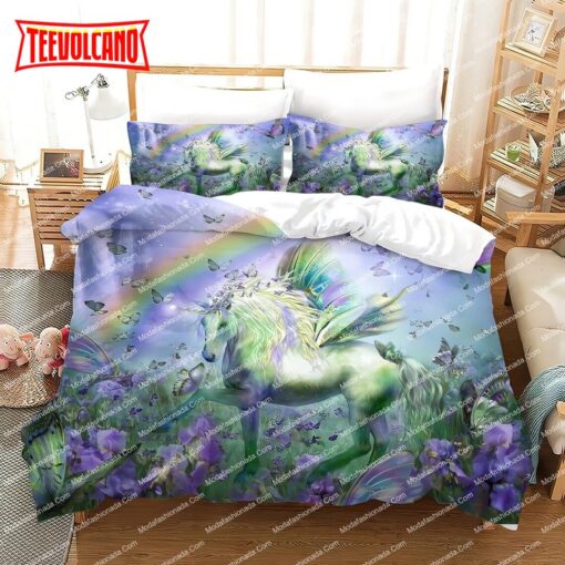 Floral Unicorn Green Fantasy Glittery Horse Duvet Cover Bedding Sets