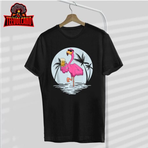 Funny Pink Flamingo Bird With Mug Of Beer Summer Vacation T Shirt