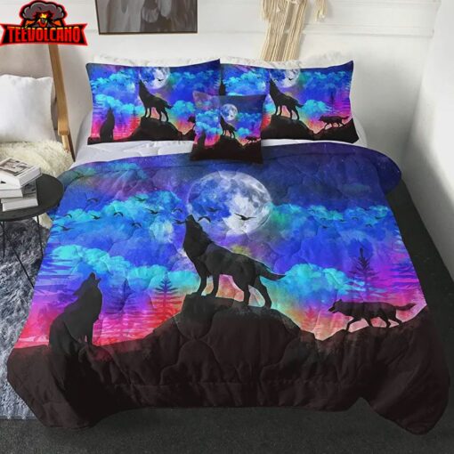 Galaxy Wolf Howling Under The Moon Duvet Cover Bedding Sets