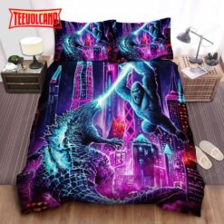 Godzilla &amp Kong Fighting In Neon Lights City Duvet Cover Bedding Sets