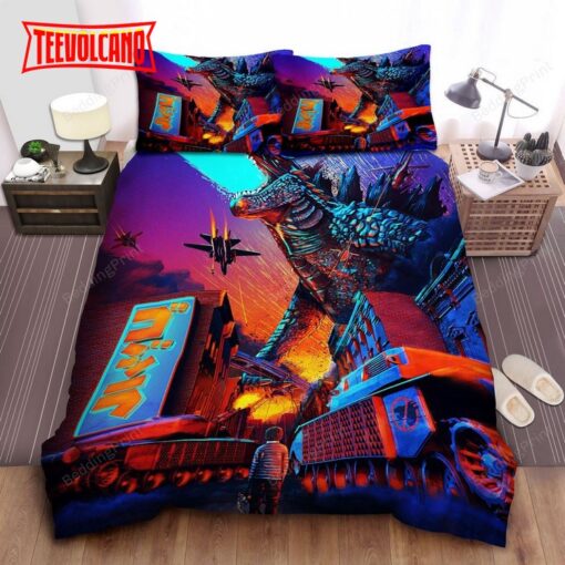 Godzilla Fighting Against Human Army Illustration Duvet Cover Bedding Sets