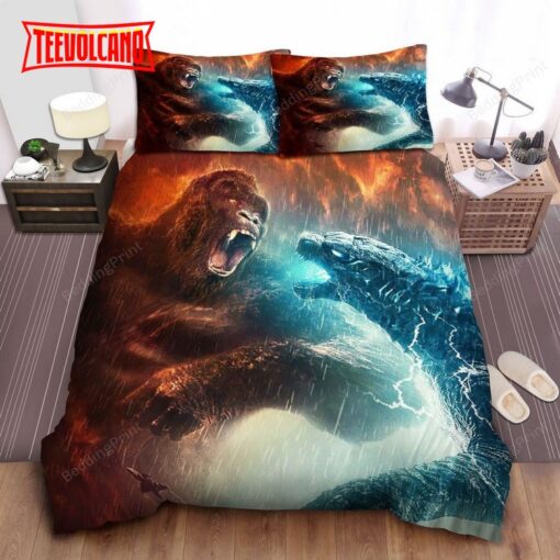 Godzilla Fights Kong In The Rain Bed Sheets Duvet Cover Bedding Sets