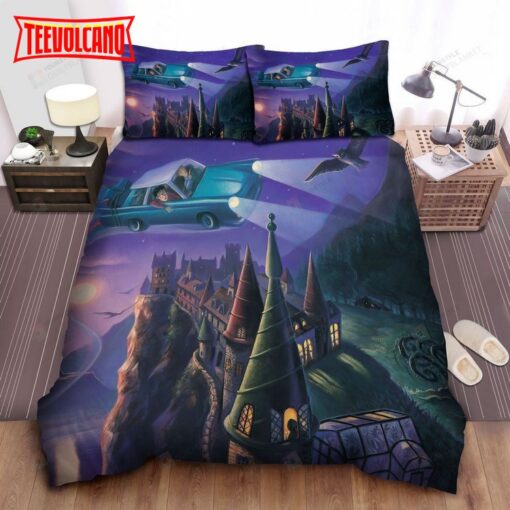 Harry Potter &amp Ron Riding Flying Ford Anglia To Hogwarts Illustration Bedding Sets