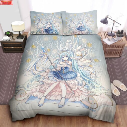 Hatsune Miku With Rabbit Yukine And Gold Snowflakes Duvet Cover Bedding Sets