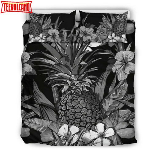 Hawaiian Hibiscus And Pineapple Black And White Duvet Cover Bedding Sets