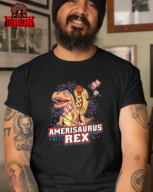 Hotdog T Rex Dinosaur 4th of July Amerisaurus Funny Gifts T-Shirt