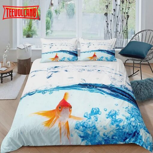 Koi Fish Goldfish In Ocean Sea Cover Blue Sea Water Droplets Bedding Sets