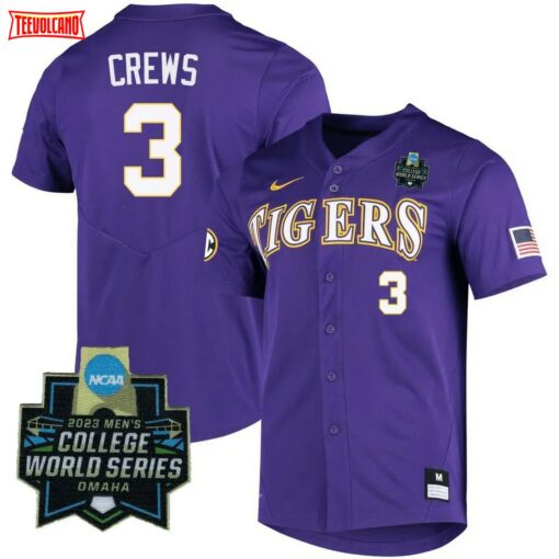 LSU Tigers Dylan Crews 2023 College World Series Baseball Jersey Purple