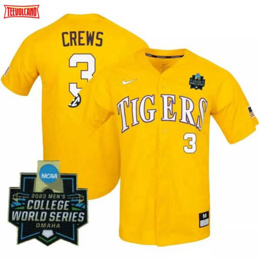 LSU Tigers Dylan Crewws 3 2023 College World Series Baseball Jersey Gold