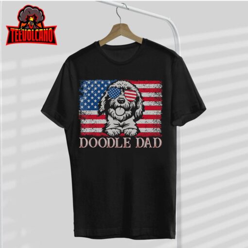 Mens Doodle Dad Goldendoodle Dog American Flag 4th of July T-Shirt