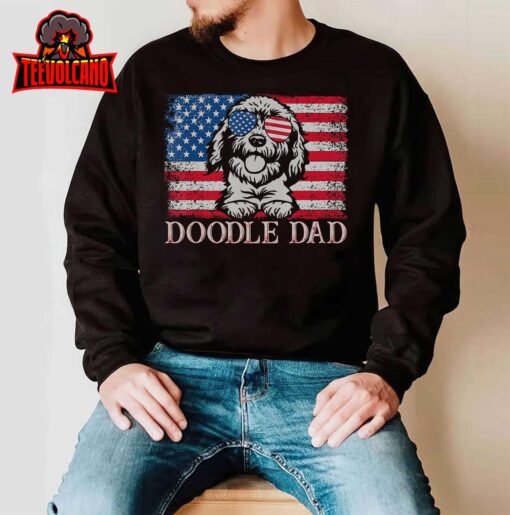 Mens Doodle Dad Goldendoodle Dog American Flag 4th of July T-Shirt