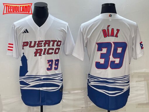 Puerto Rico Edwin Diaz White Blue 2023 World Baseball Classic Jersey