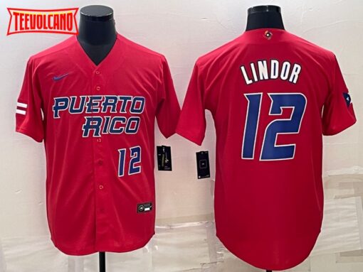 Puerto Rico Francisco Lindor Red Blue 2023 World Baseball Classic Jersey