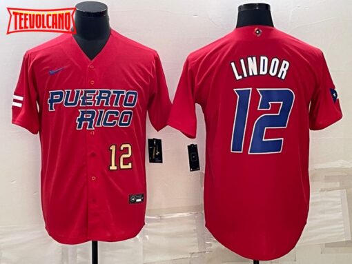 Puerto Rico Francisco Lindor Red Gold 2023 World Baseball Classic Jersey