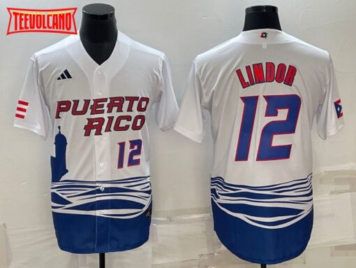 Puerto Rico Francisco Lindor White Blue Replica 2023 World Baseball Classic Jersey