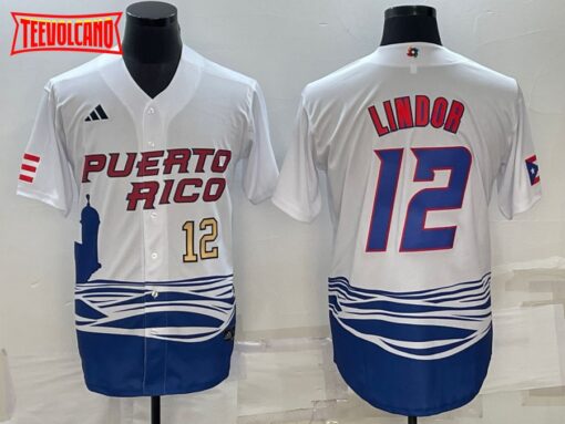 Puerto Rico Francisco Lindor White Gold Replica 2023 World Baseball Classic Jersey