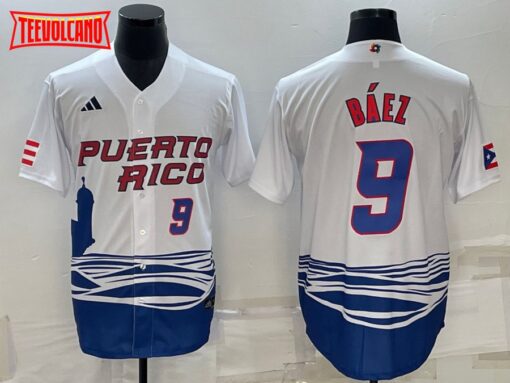 Puerto Rico Javier Baez White Blue 2023 World Baseball Classic Jersey