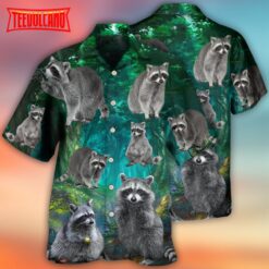 Raccoon Style With Green Hawaiian Shirt