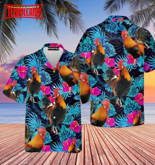 Rooster Blue Neon Tropical Hawaiian Shirt