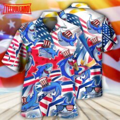 Shark Funny USA Flag Independence Day Hawaiian Shirt