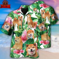 Shiba Inu Tropical Leaf Floral Style Hawaiian Shirt