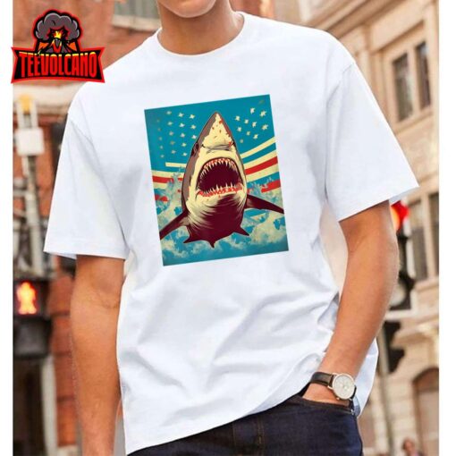 Stars, Stripes, and Sharks The Pop Art Patriotic Predator T-Shirt