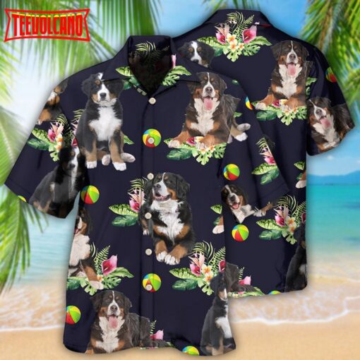 Bernese Mountain Dog Ball Tropical Floral Hawaiian Shirt