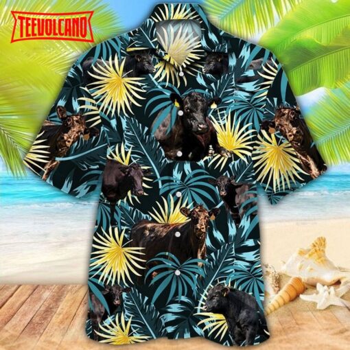 Black Angus Cattle Blue And Yellow Tropical Plants Hawaiian Shirt