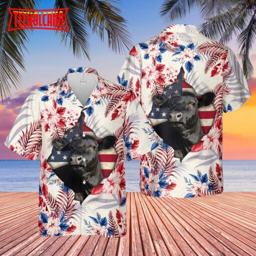 Black Angus Face Hibiscus Flower All Over Printed 3D Hawaiian Shirt