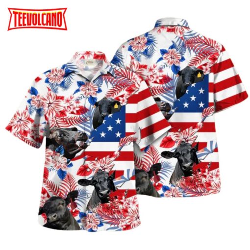 Black Angus In American Flag Aloha Hawaiian Shirt