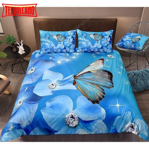 Blue Butterfly Flower Bedding Set Bed Sheets Duvet Cover